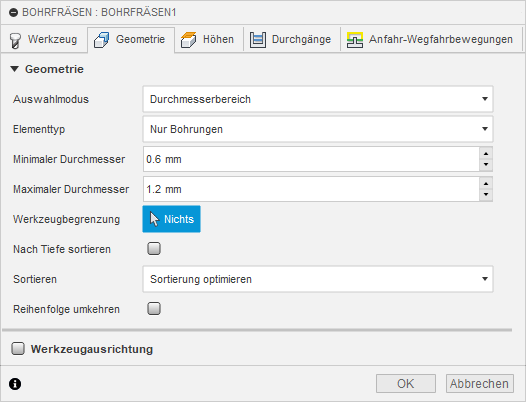 2D Dialogfeld Bohren Registerkarte Geometrie - Durchmesser