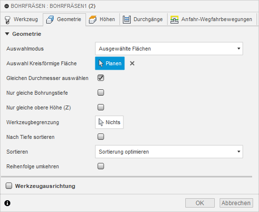 2D Dialogfeld Bohren Registerkarte Geometrie - Flächen