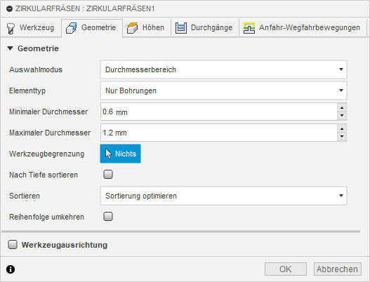 2D Dialogfeld Zirkularfräsen Registerkarte Geometrie - Durchmesser