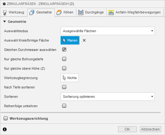 2D Dialogfeld Zirkularfräsen Registerkarte Geometrie - Flächen