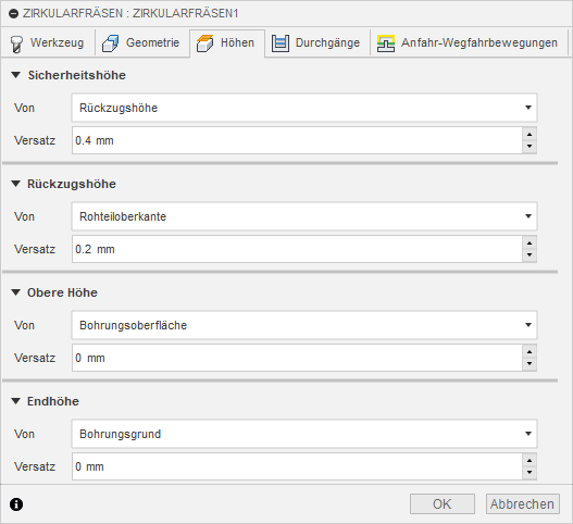 2D Dialogfeld Zirkularfräsen Registerkarte Höhen