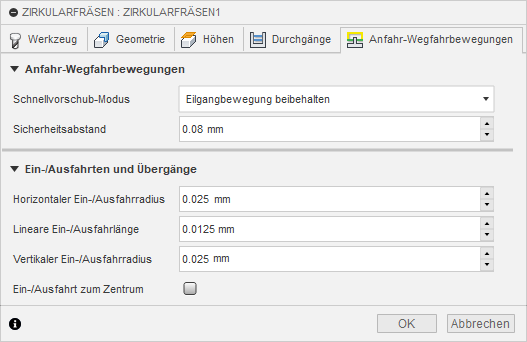 2D Dialogfeld Zirkularfräsen Registerkarte Verknüpfungen