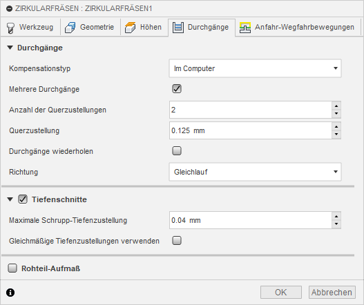 2D Dialogfeld Zirkularfräsen Registerkarte Durchgänge