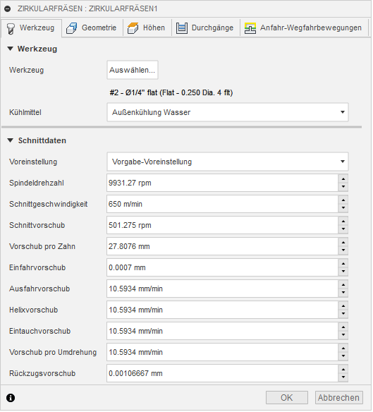 2D Dialogfeld Zirkularfräsen Registerkarte Werkzeug
