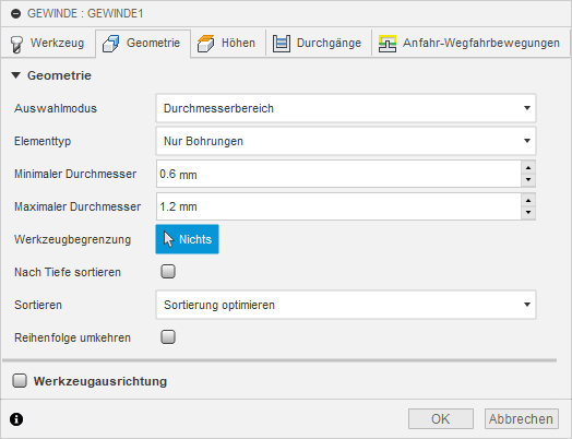 2D Dialogfeld Gewindefräsen Registerkarte Geometrie - Durchmesser