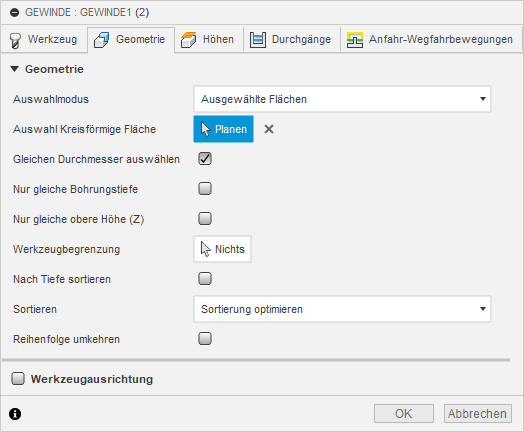 2D Dialogfeld Gewindefräsen Registerkarte Geometrie - Flächen