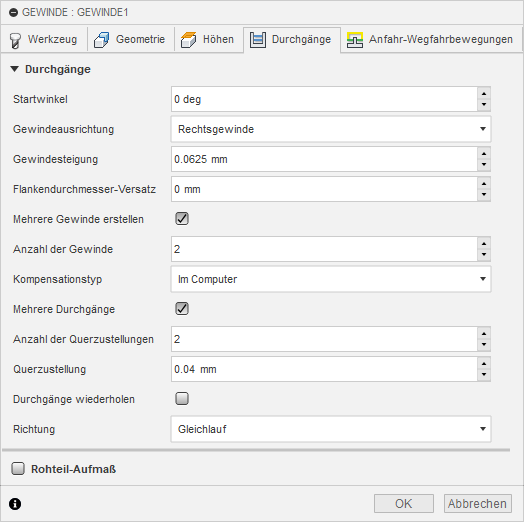 2D Dialogfeld Gewinde Registerkarte Durchgänge