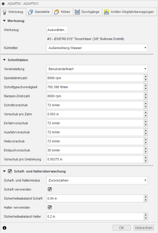 3D Dialogfeld Adaptive Clearing Registerkarte Werkzeug