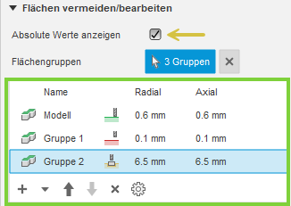 Dialogfeldabschnitt Flächen-Manager