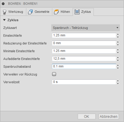 Dialogfeld Bohren Registerkarte Zyklus