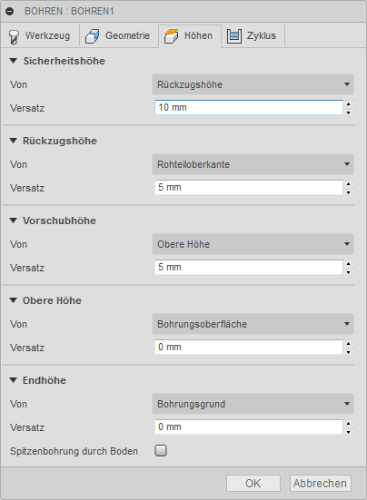 Dialogfeld Bohren Registerkarte Höhen