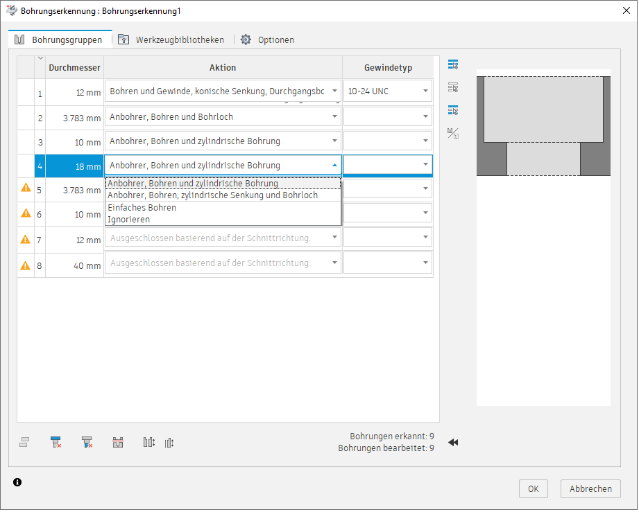 Dialogfeld Bohrungserkennung - Registerkarte Bohrungsgruppen - Aktion