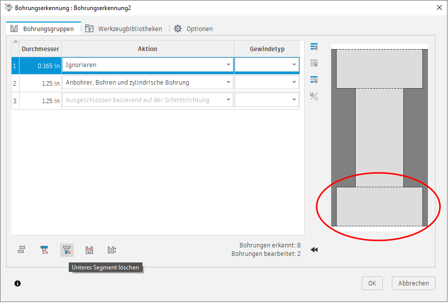 Dialogfeld Bohrungserkennung - Segment löschen - Gruppenmodifikatoren