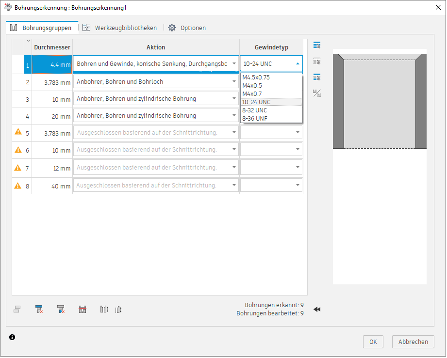 Dialogfeld Bohrungserkennung - Registerkarte Bohrungsgruppen - Gewindetyp