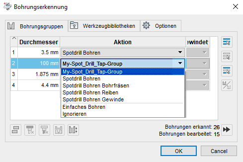 Dialogfeld Bohrungserkennung - Registerkarte Bohrungsgruppen - Aktionen - Vorlage speichern