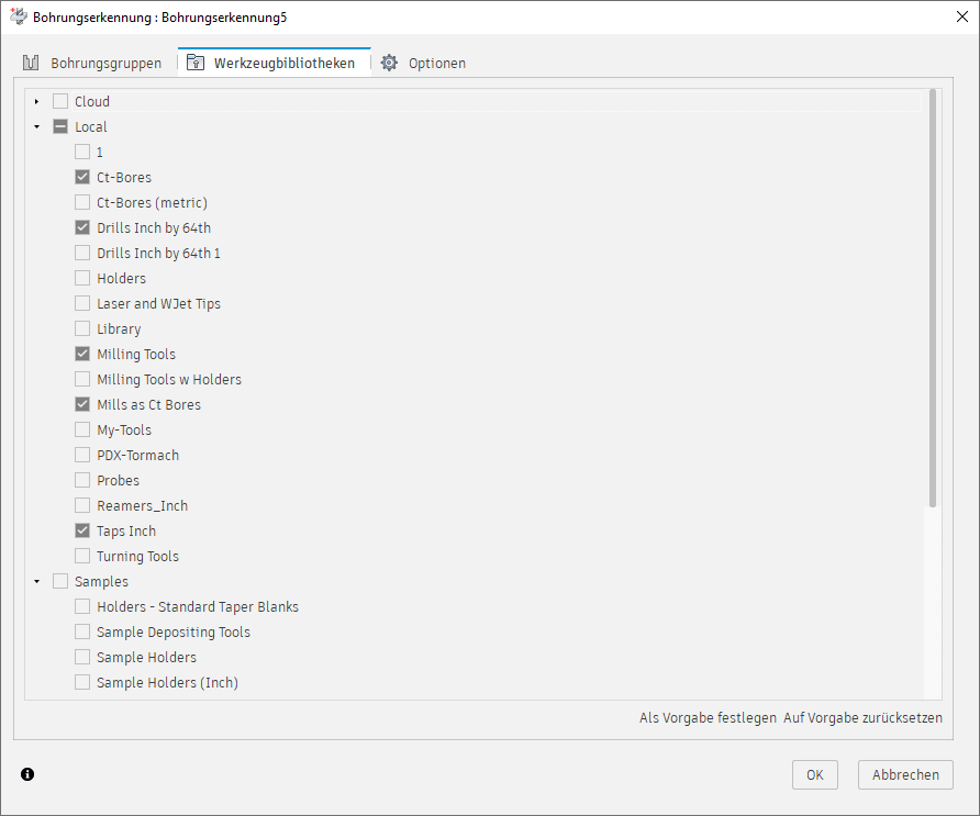 Dialogfeld Bohrungserkennung - Registerkarte Werkzeugbibliotheken