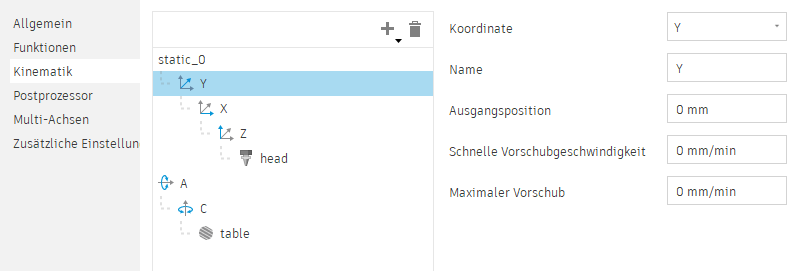 Registerkarte Kinematik - Einstellungen für Achsen- und Ausgangsposition