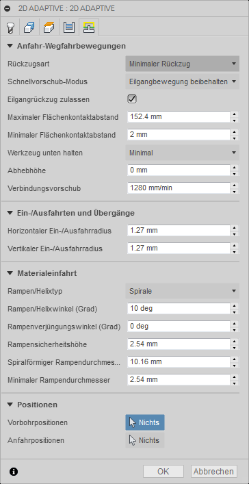 Dialogfeld 2D-Adaptive Clearing Registerkarte Verknüpfungen