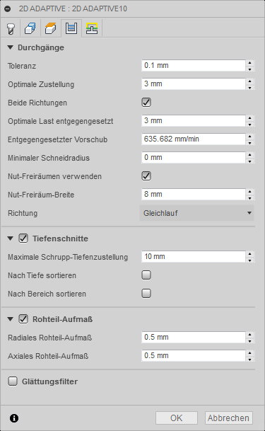 Dialogfeld 2D-Adaptive Clearing Registerkarte Durchgänge