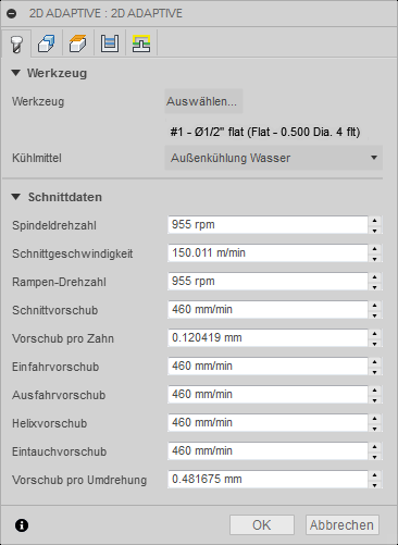 Dialogfeld 2D-Adaptive Clearing Registerkarte Werkzeug