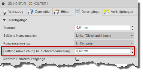 Dialogfeld 2D-Kontur Registerkarte Durchgänge - Kompensationsradius-Zugabe