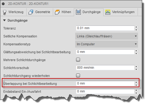 Dialogfeld 2D-Kontur, Registerkarte Durchgänge - Überlappung bei Schlichtbearbeitung