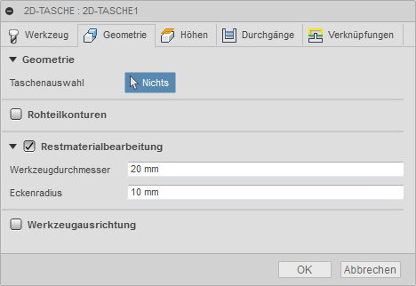 Dialogfeld 2D-Tasche, Registerkarte Geometrie - Restmaterialbearbeitung