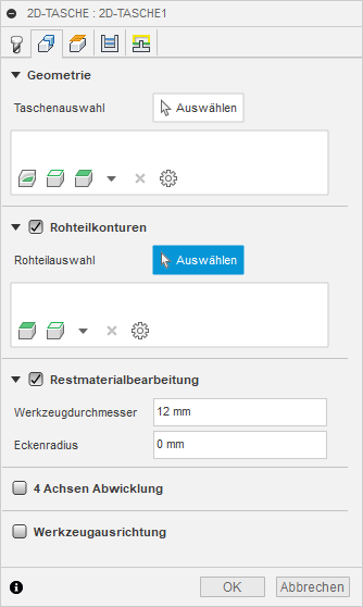 Dialogfeld 2D-Tasche Registerkarte Geometrie