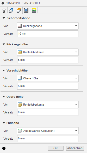 Dialogfeld 2D-Tasche Registerkarte Höhen