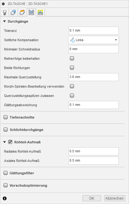 Dialogfeld 2D-Tasche Registerkarte Durchgänge