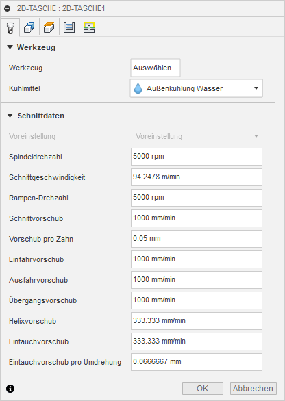 Dialogfeld 2D-Tasche Registerkarte Werkzeug