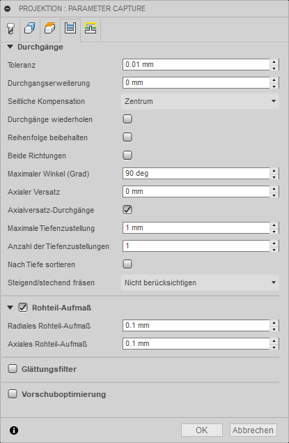 2D Dialogfeld Projektion Registerkarte Durchgänge