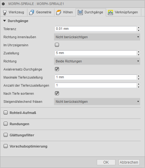 3D Dialogfeld Morph-Spirale Registerkarte Durchgänge