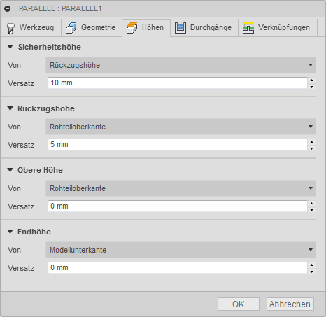 3D Dialogfeld Paralleles Schlichten Registerkarte Höhen