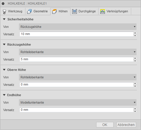 3D Dialogfeld Hohlkehle Registerkarte Höhen