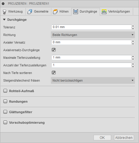 3D Dialogfeld Projizieren Registerkarte Durchgänge