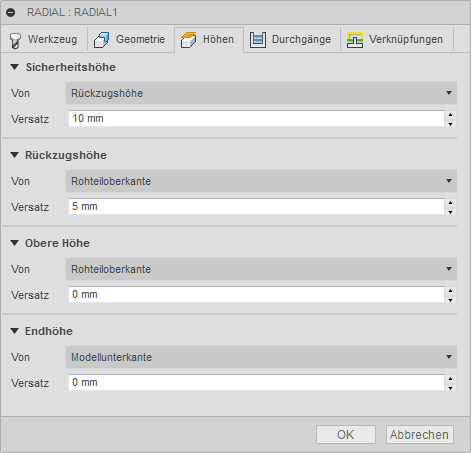 3D Dialogfeld Radiales Schlichten Registerkarte Höhen