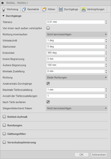 3D Dialogfeld Radiales Schlichten Registerkarte Durchgänge