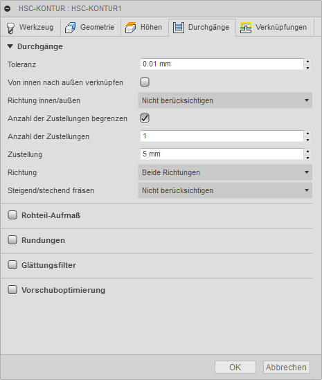 3D Dialogfeld HSC-Kontur-Schlichten Registerkarte Durchgänge