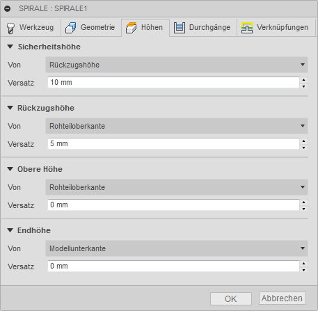 3D Dialogfeld Spiralschlichten Registerkarte Höhen