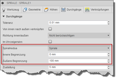 Dialogfeld Spirale, Registerkarte Durchgänge - Spiralmodus