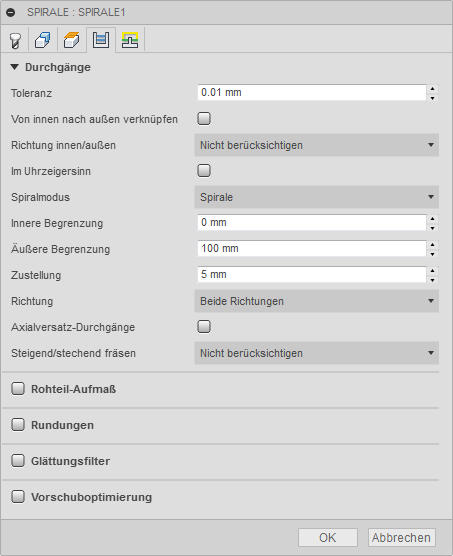 3D Dialogfeld Spiralschlichten Registerkarte Durchgänge