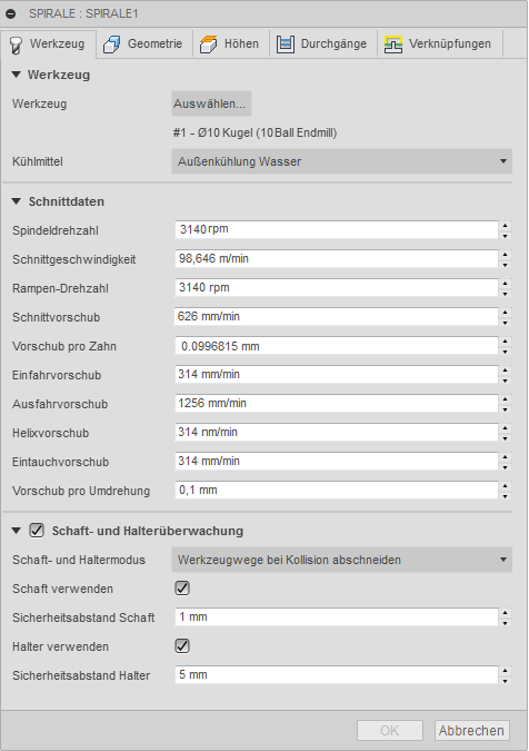 3D Dialogfeld Spiralschlichten Registerkarte Werkzeug