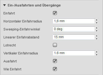 Dialogfeldabschnitt Ein-/Ausfahrten und Übergänge