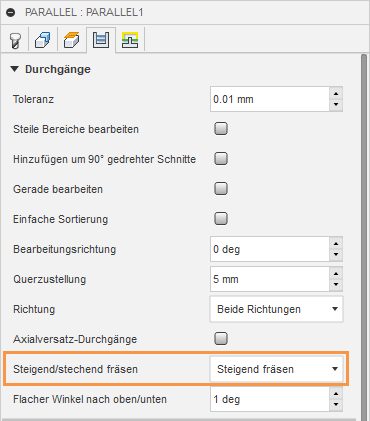 Dialogfeld Parallel Registerkarte Durchgänge - Steigend/stechend fräsen