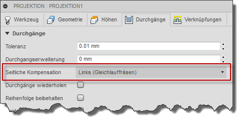 Dialogfeld Projektion, Registerkarte Durchgänge - Seitliche Kompensation