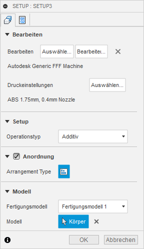 Dialogfeld Setup für Additiv