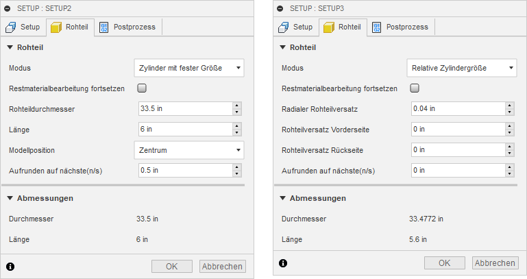 Dialogfeld Setup Registerkarte Rohteil - Optionen für zylindrische Rohteile