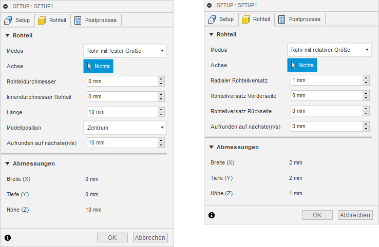 Dialogfeld Setup Registerkarte Rohteil - Optionen für rohrförmige Rohteile