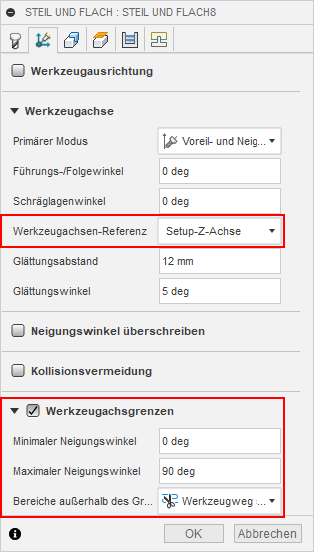 Dialogfeld Steil und flach - Werkzeugachsgrenzen